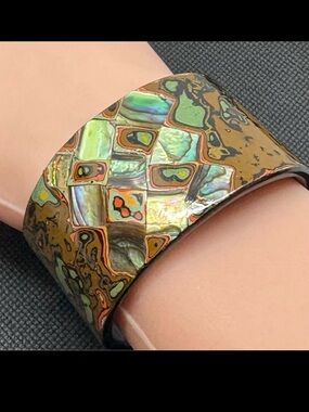 Vintage Abalone Shell Inlay Wide Cuff Bracelet - Iridescent Mosaic Statement
